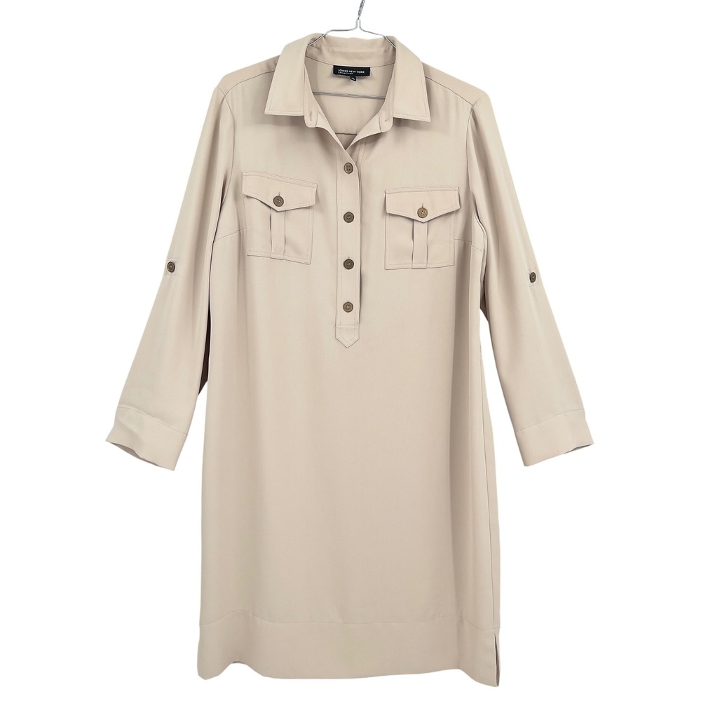 Jones New York Womens 16 Shirt Dress Beige Safari Roll Tab Sleeve Shift Office
